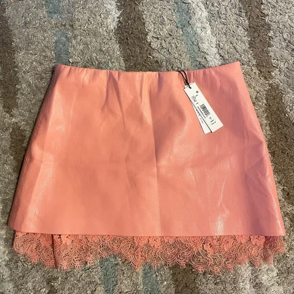Alice + Olivia Lace Trim Faux Leather Miniskirt in Rose